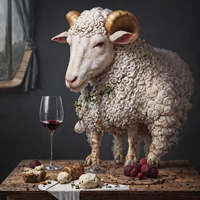 A sheep to the right of a wine glass